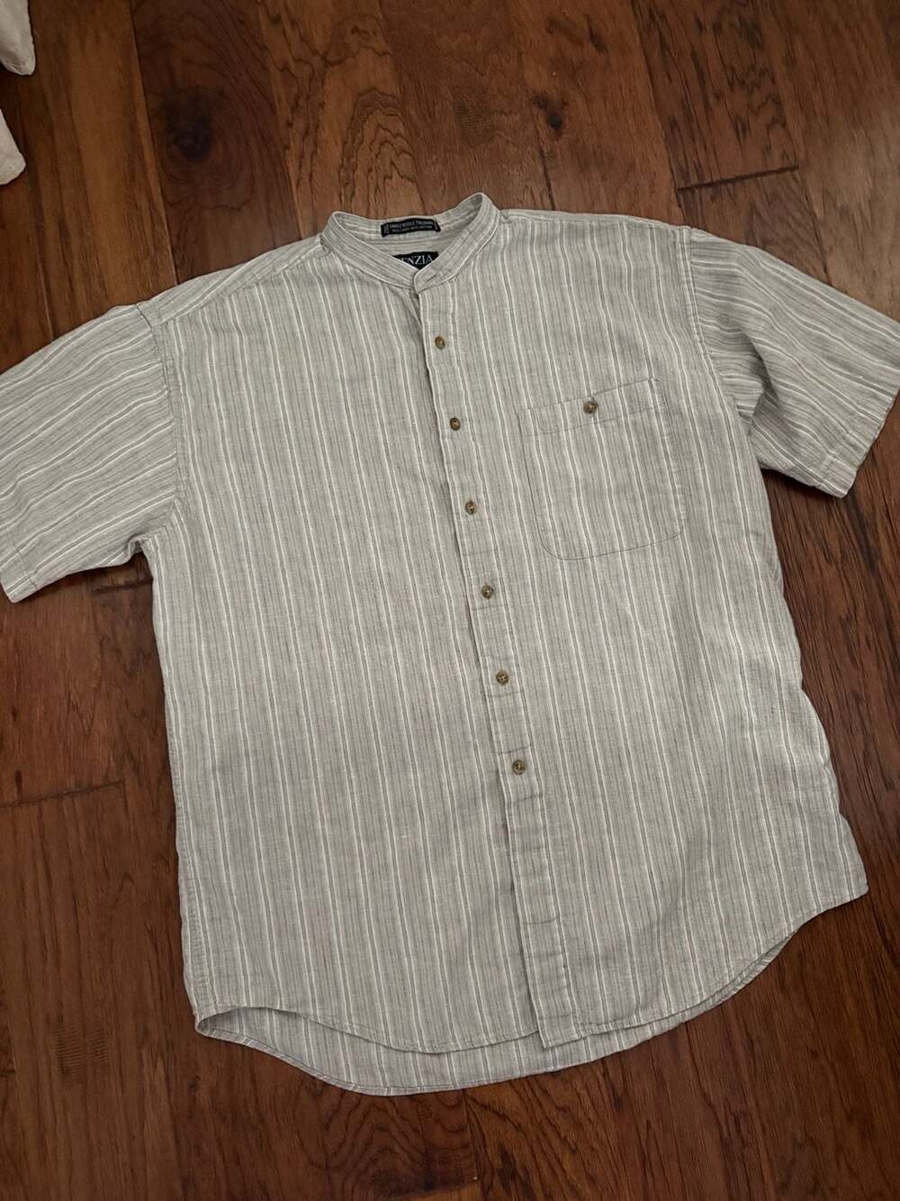 Fenzia Striped Men’s Short Sleeve Shirt Size L Gray Linen Cotton